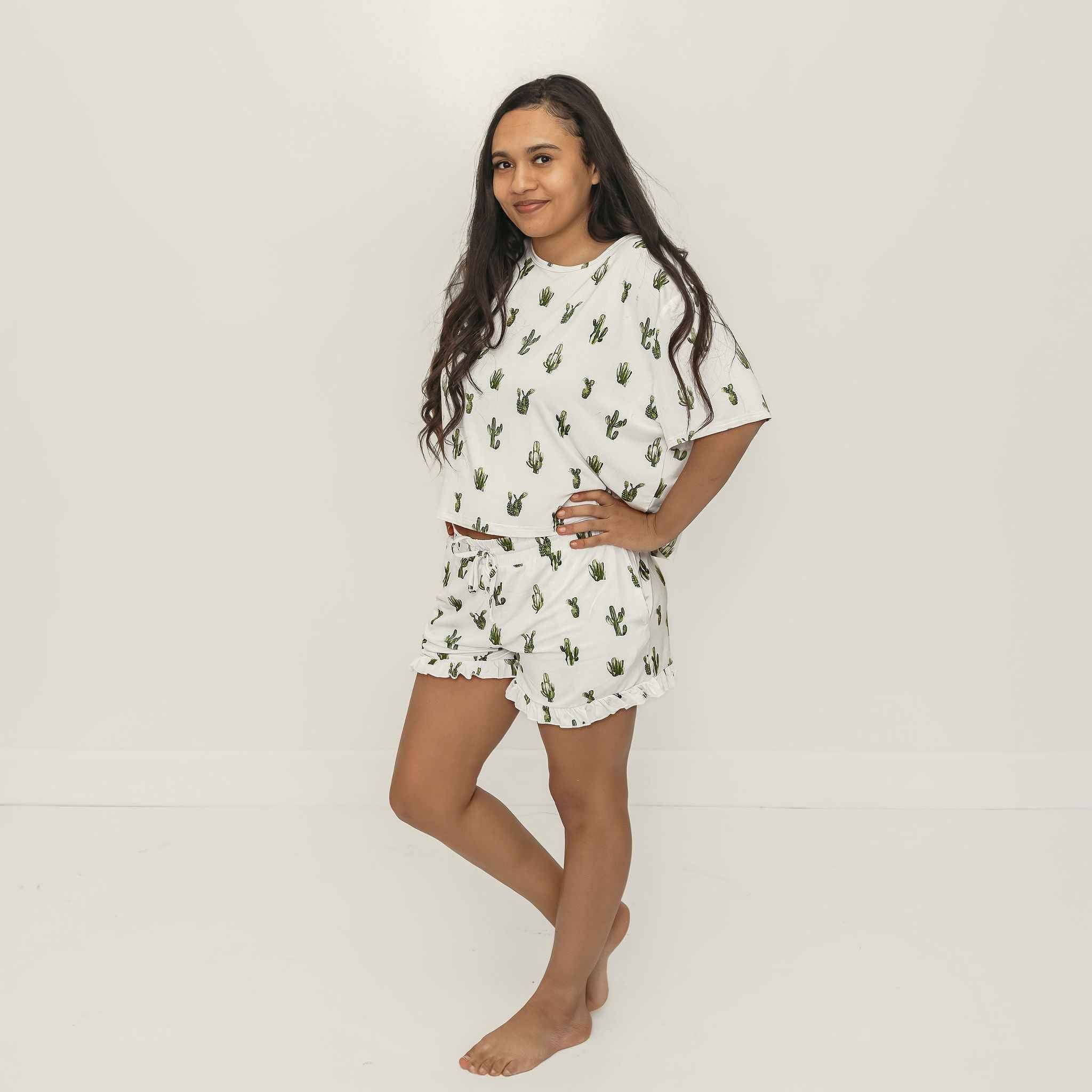 Cactus Cutie Women's Bamboo Ruffle PJ Short Set - little nessi